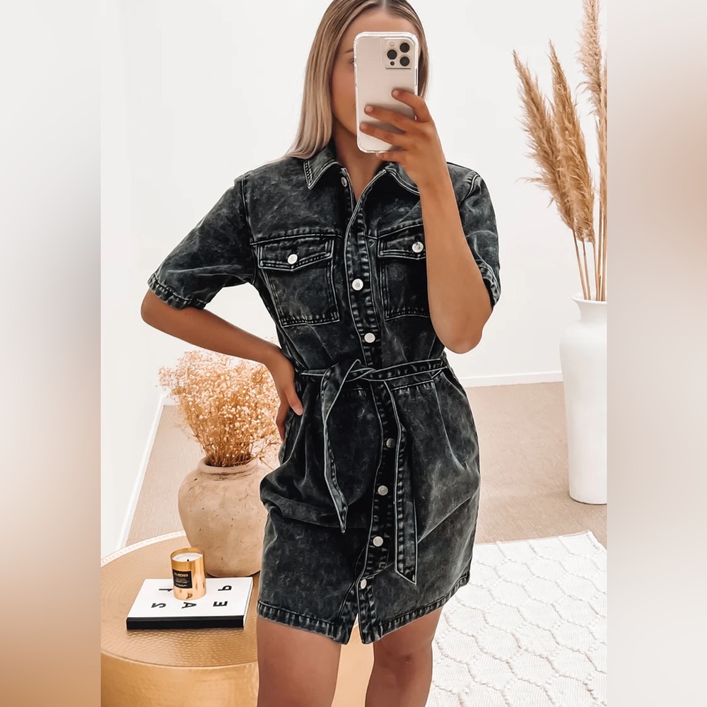 NWT Ena Pelly belted denim acid wash dress in black